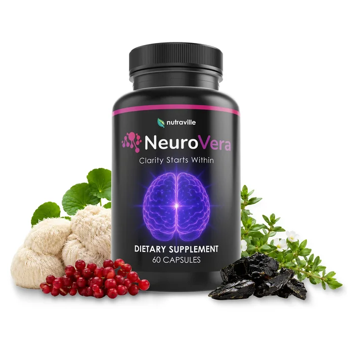 NeuroVera bottle by Nutraville, black with a pink band and a purple brain graphic, shown with lion's mane, schisandra berries, gotu kola leaves, bacopa and shilajit, on white